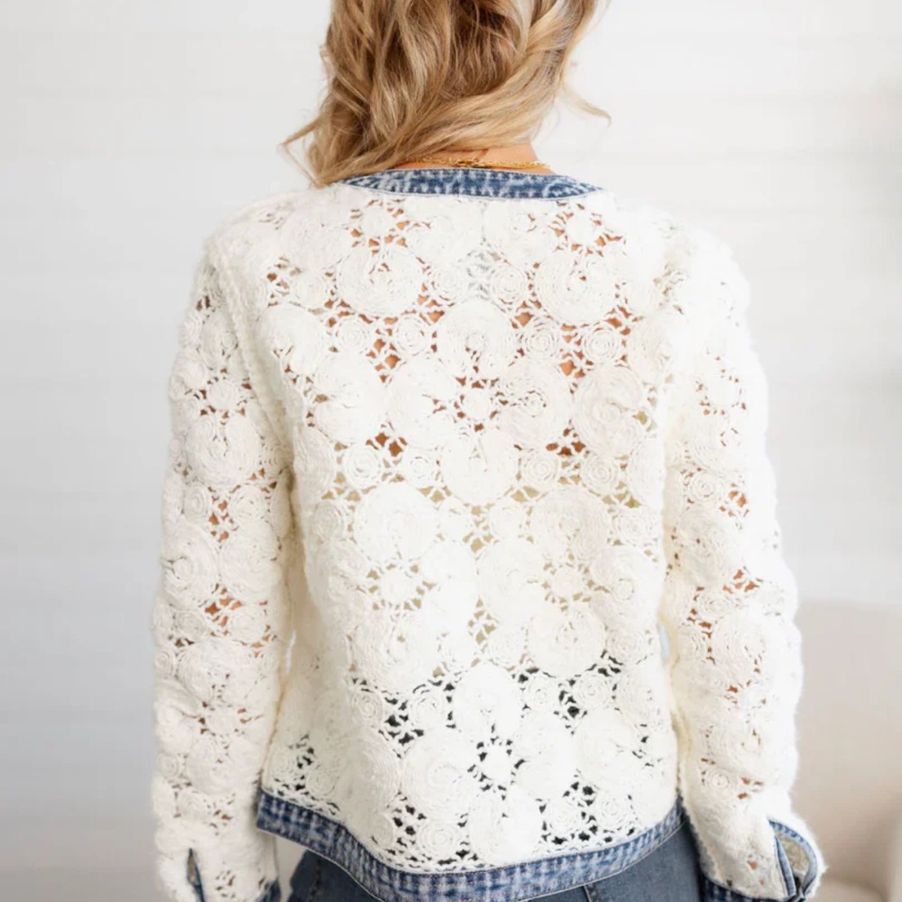 Sz M🇨🇦⭐️NWT Tribal Crochet Lace Denim-Trim Jacket - Picture 3 of 13